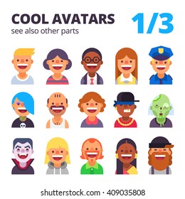 Set of cool avatars. Different skin tones, clothes and hair styles. Modern and simple flat cartoon style. Part 1 of 3. See also other parts.