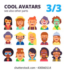 Set of cool avatars. Different skin tones, clothes and hair styles. Modern and simple flat cartoon style. Part 3 of 3. See also other parts.