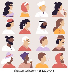 Set of cool avatars in flat design style. Icons  people in profile of different ages and nationalities. Vector illustration.