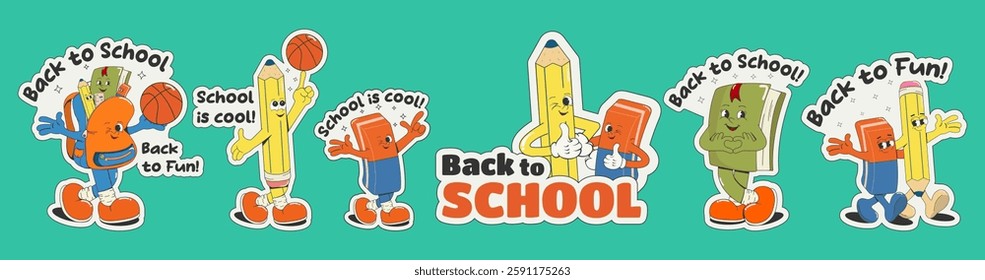 A set of cool "Back to School" stickers. Cartoon school characters: pencil, eraser, backpack, textbook, basketball. Isolated. Vector illustration.