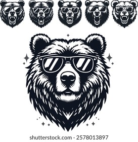 Set Of Cool Bear Head Wearing Sun Glass Silhouette Animal Vector Clipart Icon Hand Drawn Illustration