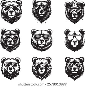 Set Of Cool Bear Head Wearing Sun Glass Silhouette Animal Vector Clipart Icon Hand Drawn Illustration