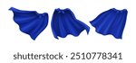 A set of cool blue superhero capes that look real. These capes seem to be flying in the wind, and they come in a bunch, all shown on a white background.