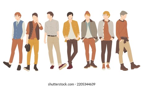 grupo de chicos geniales posando con ropa informal y elegante. ilustración de diseño plano para personas