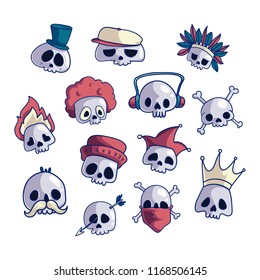 Set of cool cartoon skull characters with different headdresses and accessories. Funny death icons collection. 