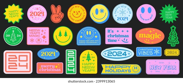 Set of Cool Christmas Stickers Collage Illustration. Collection Of Y2k Smile Happy New Year 2024 Patches Vector Design. Pop Art Elements.