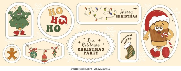 Eine Reihe cooler Weihnachtsticker mit Neujahrsinschriften. Aufkleber im Stil von groovig, vintage, retro, 70er Jahre. Weihnachtsbaum, Kaffee, Kekse, Lichter, HO. Vektorgrafik.