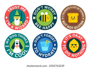 Set of cool circle stickers. Funny phrases and motivation patches collection. Trendy vector illustration.