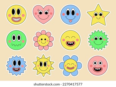 Set of cool colorful groovy retro stickers. Happy trendy hippie face patch collection.