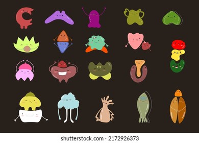 A set of cool colorful monsters, in different poses and with different moods. For icons, stickers, emojis, cartoons, prints for farics, halloween.