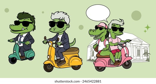 un conjunto de dibujos animados de cocodrilos montados en una moto, algunos con chaquetas y camisetas informales, una pareja en el museo. Ilustración vectorial