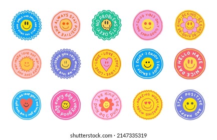 Set Of Cool Cute Hand Drawn Stickers Vector Design. Trendy Emoji Patches Collection. Comic Pop Art Emoticons.