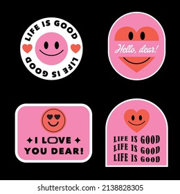 Set of Cool Cute Patches, Pins, Badges. Cute Stickers with Pharases. pink stickers.