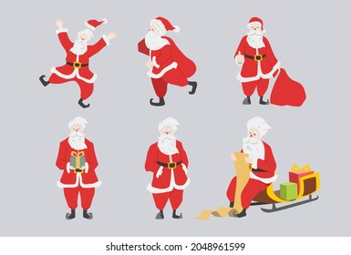 Conjunto de personajes de Cool y Cute Santa Claus con regalos, bolsos, cajas de regalo. Caricatura divertida y feliz para la ilustración vectorial de Navidad