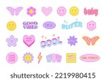  Set of cool cute stickers Y2k style. Butterfly, smile, heart, daisy, flower, abstract geometric shape in trendy 90s, 00s psychedelic style. Fashionable girl patches collection. 