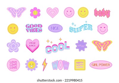  Set of cool cute stickers Y2k style. Butterfly, smile, heart, daisy, flower, abstract geometric shape in trendy 90s, 00s psychedelic style. Fashionable girl patches collection. 