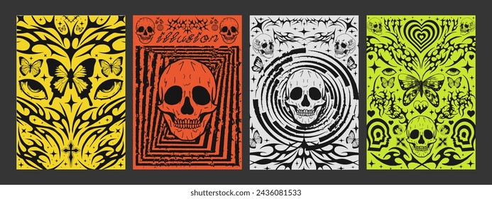 Conjunto De Afiches De Cibersigilismo Fresco Diseño Vectorial. Colección de estampados de moda callejera de arte gótico neotribal. Signo de tatuaje.