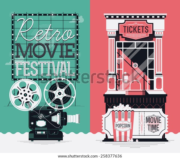 Set of cool detailed creative web vertical banners\
on retro movie cinema festival and film motion picture entrance\
admission tickets purchasing with beautiful projector, box office,\
popcorn and more