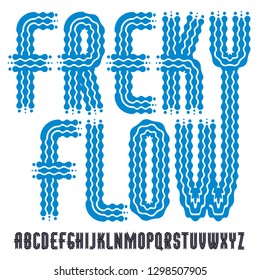 Set of cool disco vector upper case English alphabet letters isolated. Rounded bold condensed retro 70s font, typescript for use in logo design. Made using flow, wavy lines.