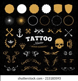 Set of cool elements for tattoo shop logo design, studio emblem design or any tattoo styled creative ideas. Vector design elements set.
