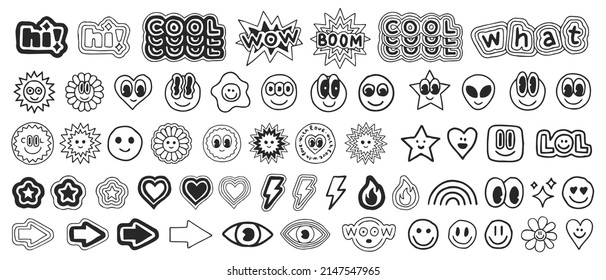 Set Of Cool Emoticon Smile Stickers. Collection Of Happy Funny Smile Face Emoticons Vector Design. Hand Drawn Linear Cartoon Characters. 