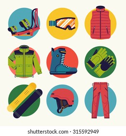 Set of cool extreme sport winter activity round icons, vector in flat design featuring boots, jacket, goggles, gloves, helmet and bindings. Ideal for snowboarding themed graphic and web design