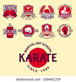 Set of cool fighting club emblems martial training champion graphic style punch sport fist karate vector illustration.