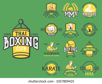 Set of cool fighting club emblems martial training champion graphic style punch sport fist karate vector illustration.