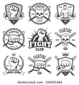 Set of cool fighting club emblems, labels, badges, logos. Monochrome graphic style
