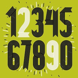 Set Of Cool Funky Vector Digits, Modern Numerals Collection. Modern Bold Condensed Numbers From 0 To 9 Can Be Used In Poster Creation. Made With Stripy Decoration.