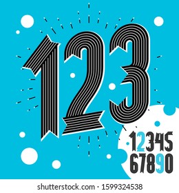 Set of cool funky vector digits, modern numerals collection. Modern bold condensed numbers from 0 to 9 can be used in poster creation. Created using geometric stripes.
