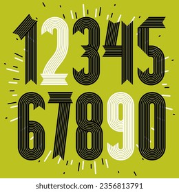 Set of cool funky vector digits, modern numerals collection. Modern bold condensed numbers from 0 to 9 can be used in poster creation. Made with stripy decoration.