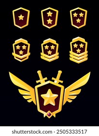 A set of cool game titles and ranks. High ranks with stars. Progress in fantasy app for rating army experience