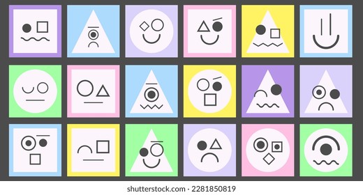 Set von coolen geometrischen Stickern Vectordesign. Sammlung von einfachen Emotionen-Patches.