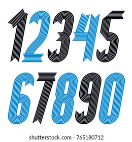 Set of cool geometric vector digits, modern numerals collection. Trendy italic condensed bold numbers from 0 to 9 can be used in logo creation. Made with stripy decoration.