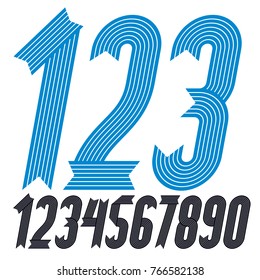 Set of cool geometric vector digits, modern numerals collection. Trendy italic condensed bold numbers from 0 to 9 can be used in logo creation. Created using stripy, parallel lines.