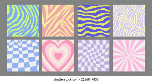 Set of Cool Groovy Abstract Backgrounds. Trendy Y2k Backdrops. Vector Geometric Funky Pattern.