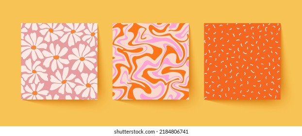 Set of cool groovy abstract backgrounds. Trendy colorful Y2k backdrops. Vector hand drawn funky patterns.