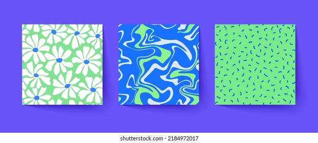 Set of cool groovy abstract backgrounds. Trendy colorful Y2k backdrops. Vector hand drawn funky patterns.