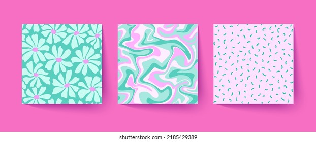 Set of cool groovy abstract backgrounds. Trendy colorful Y2k backdrops. Vector hand drawn funky patterns.