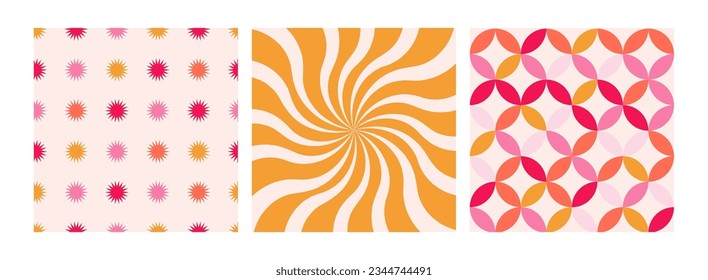 Set von coolen, groovy abstrakten Hintergründen mit gelben und roten lustigen Sternen, Sonnenbrand. Trendy-Y2k-Hintergründe. Geometrisches Muster für moderne Stoffe und Plakate