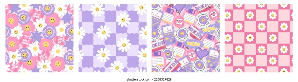 Set of Cool Groovy Flower Patterns Y2k Style. Trendy Funky Backgrounds, poster, stickers. Hippie Aesthetic. Flat Vector Illustration. Kids Graphic Cover or Sticker.