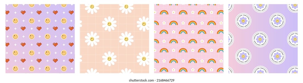 Set Of Cool Groovy Flower Patterns Y2k Style. Trendy Funky Backgrounds, Poster, Stickers. Hippie Aesthetic. Flat Vector Illustration. Kids Graphic Cover Or Sticker.