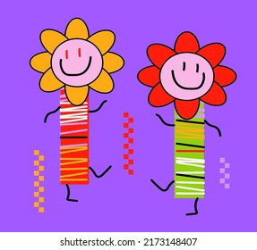 Set of cool groovy flower and star Y2k style, Nostalgia for the 2000 years. vector illustration.