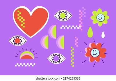 Set Of Cool Groovy Flower Y2k Style, Nostalgia For The 2000 Years. Vector Illustration.