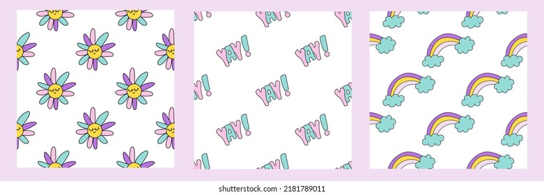 Set of Cool Groovy Patterns Y2k Style. Phrase Yay Vector lettering. Rainbow pattern and daisy pattern