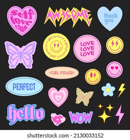 Set of Cool Groovy Stickers Vector Design. Collection of Cute Smile Patches.