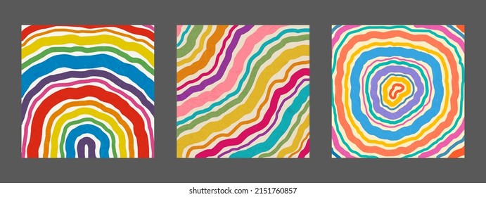 Set Of Cool Hand Drawn Abstract Colorful Brush Stripes. Retro Abstraction Psychedelic Art.