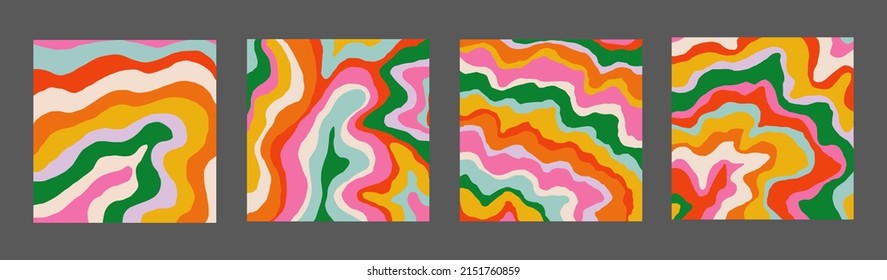 Set Of Cool Hand Drawn Abstract Colorful Brush Stripes Backgrounds. Retro Abstraction Psychedelic Art Backdrops. Groovy Pattern. Colorful Contemporary Art.