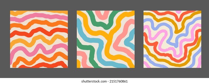 Set Of Cool Hand Drawn Abstract Colorful Brush Stripes. Retro Abstraction Psychedelic Art.
